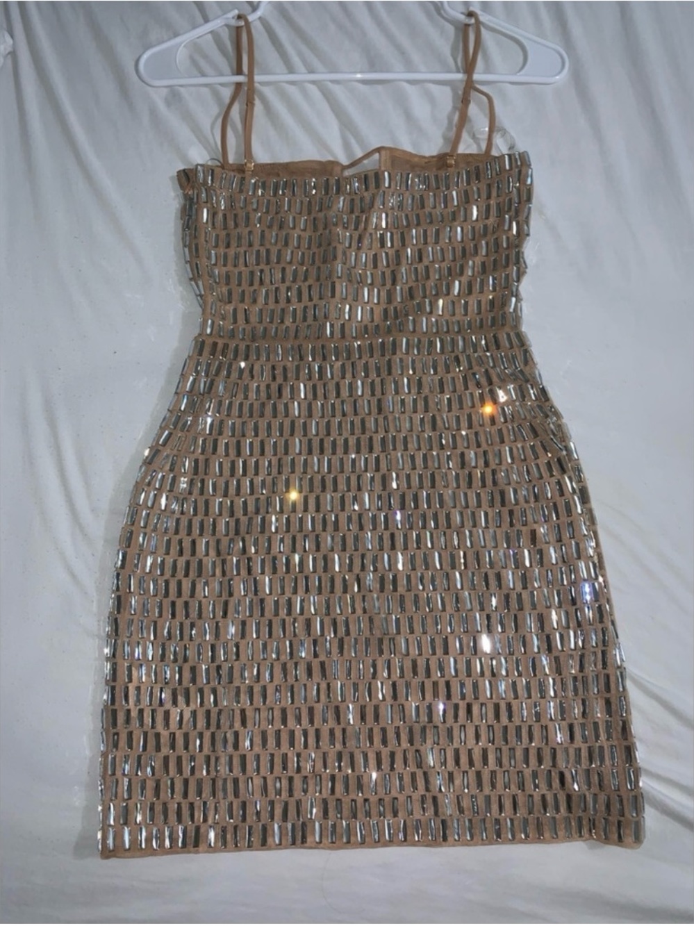 OH POLLY EUC BEAUTIFUL DRESS Strappy Metallic Nude Mini Dress 👗 SZ8 - Picture 5 of 7